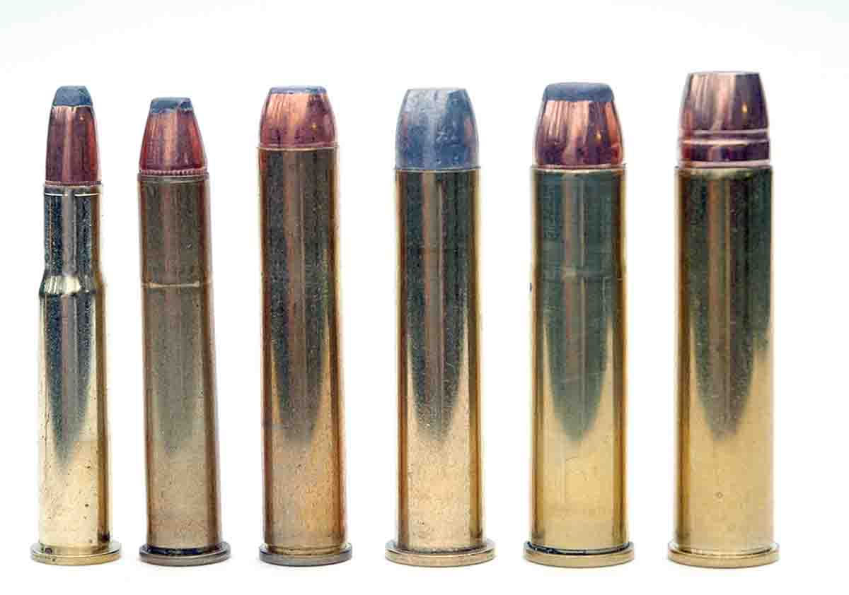Four big-bore cartridges for lever-action rifles are shown here for comparison (left to right): .30 WCF, .38-55 WCF, .444 Marlin, .45-70, .50 B&M Alaskan (.500-inch bullet) and .50 Alaskan (.510-inch bullet).